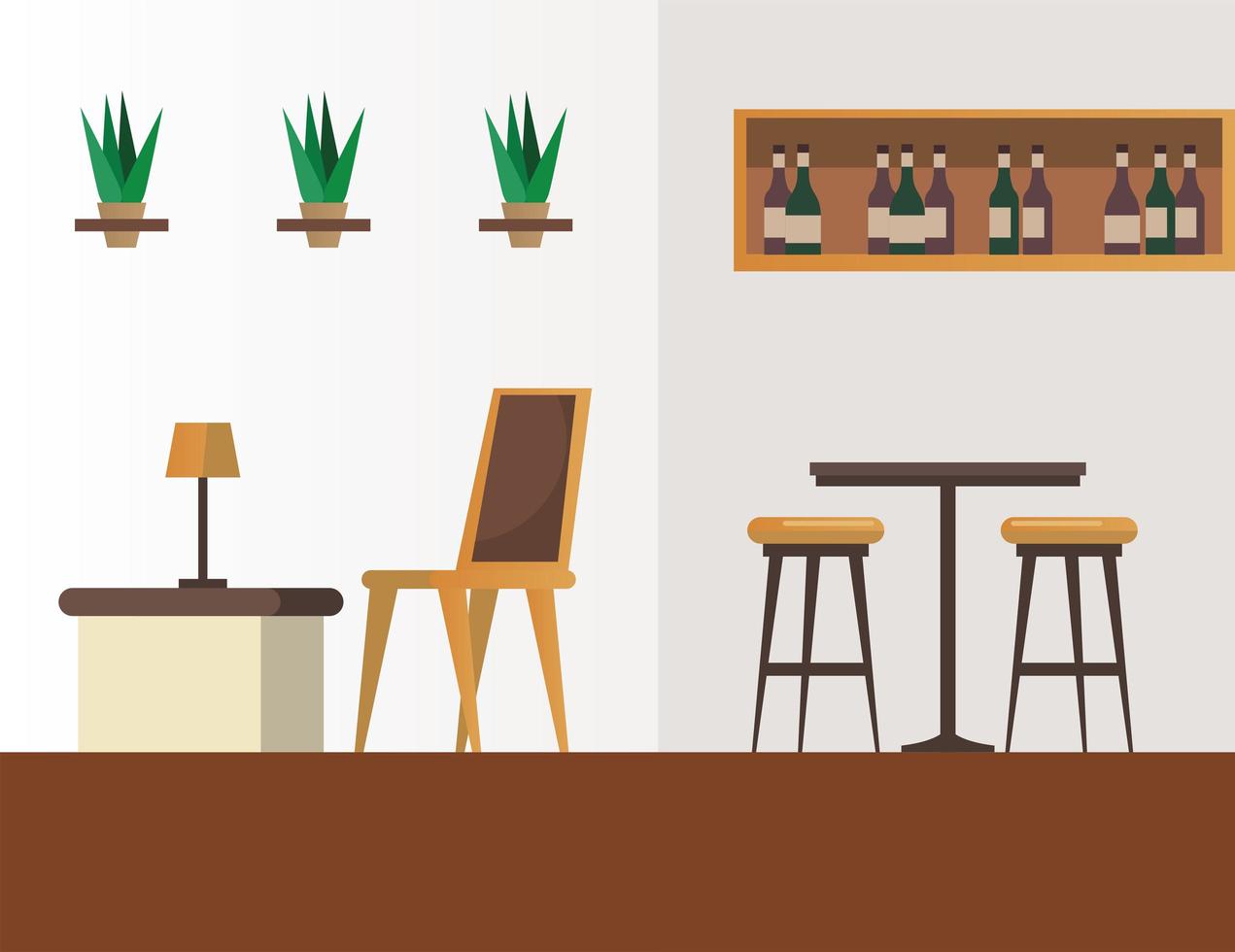 Tables et chaises élégantes avec du vin dans la scène de meubles de restaurant d'étagère vecteur