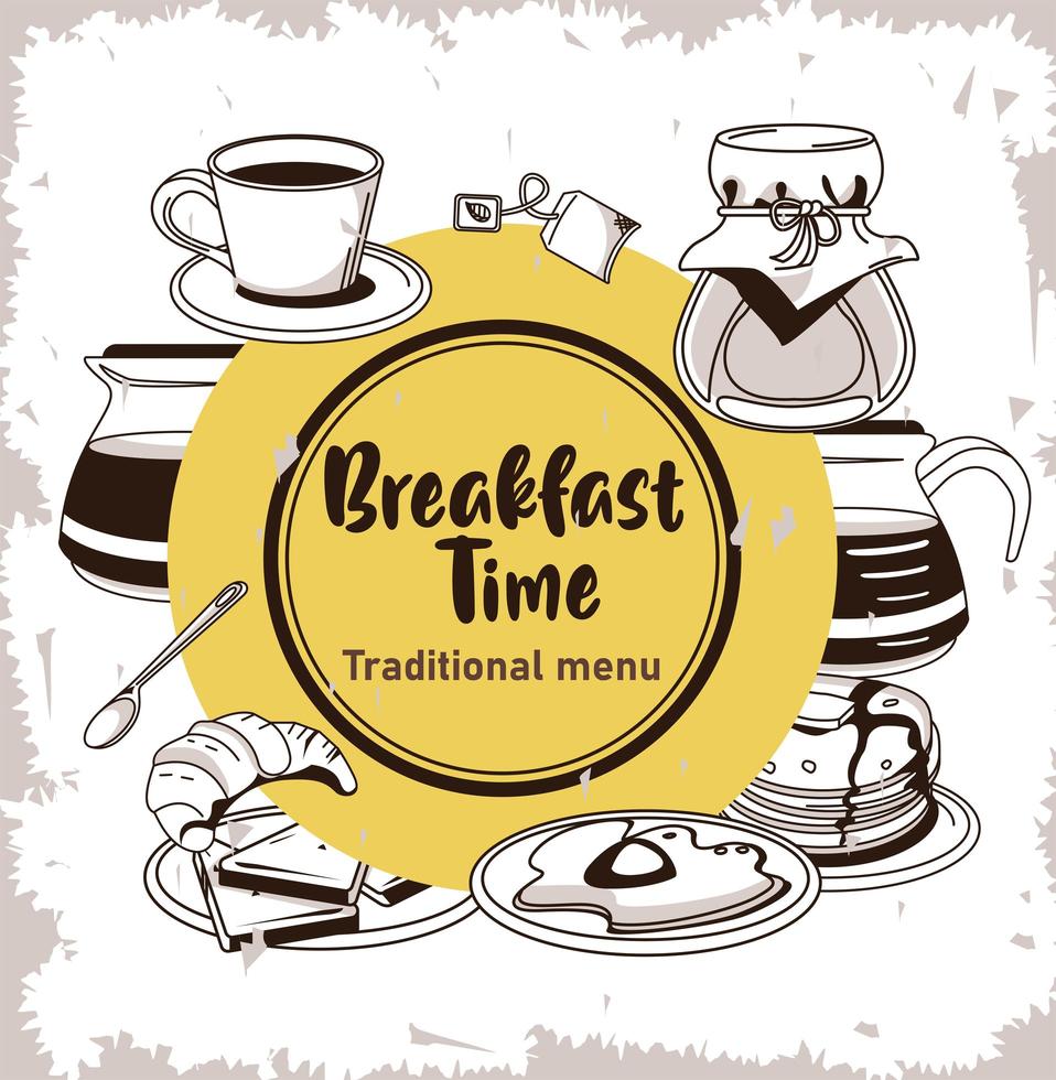 lettrage de l'heure du petit déjeuner dans une affiche de cadre circulaire avec des ustensiles et des ingrédients vecteur