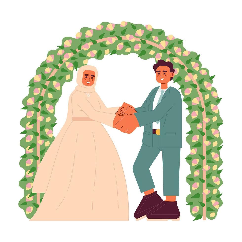 malais mariage plat concept vecteur place illustration. de mariée hijab femme et jeune marié 2d dessin animé personnages sur blanc pour la toile ui conception. musulman mariage la cérémonie isolé modifiable Créatif héros image