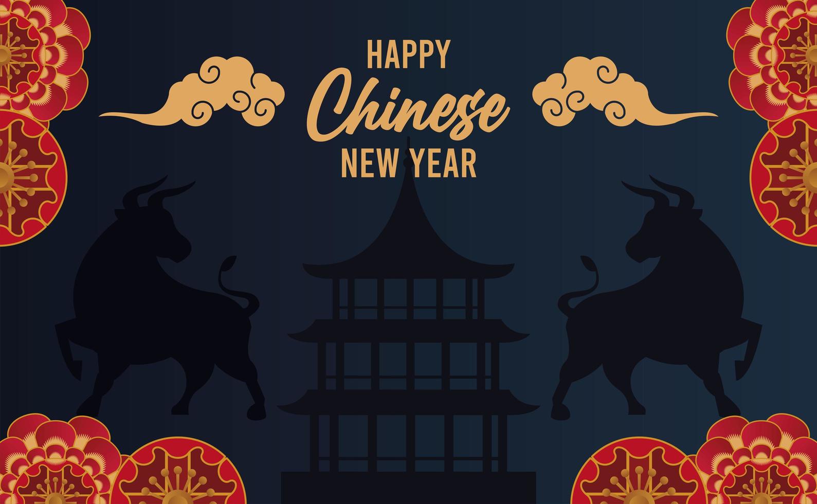 carte de lettrage joyeux nouvel an chinois avec des bœufs et des silhouettes de château vecteur