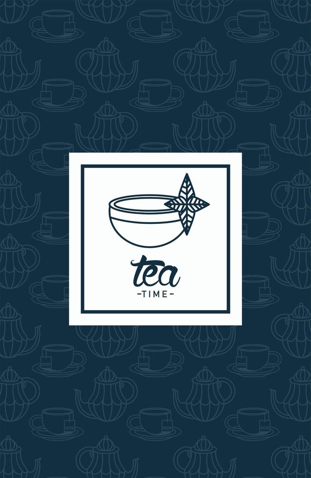 affiche de lettrage dheure du thé avec tasse de thé dans un cadre carré vecteur