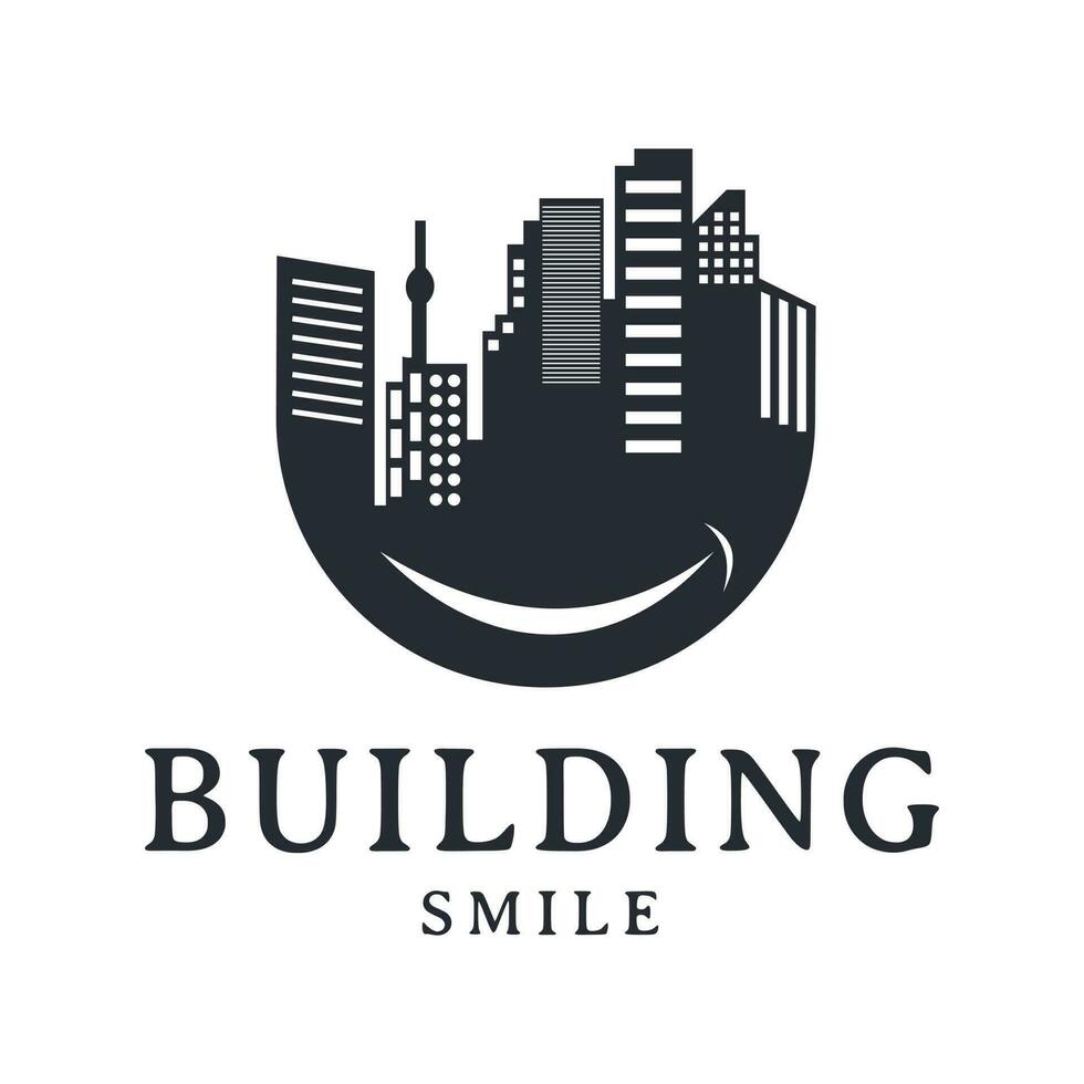 Urbain conception inspiration pour une en forme de U grand bâtiment avec une sourire. réel biens logo. conception illustration, modèle, ville symbole vecteur