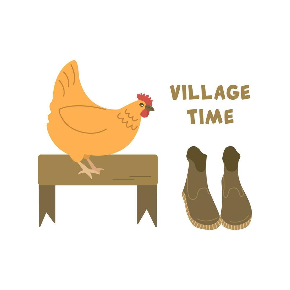 poulet est sur le banc. village temps vecteur