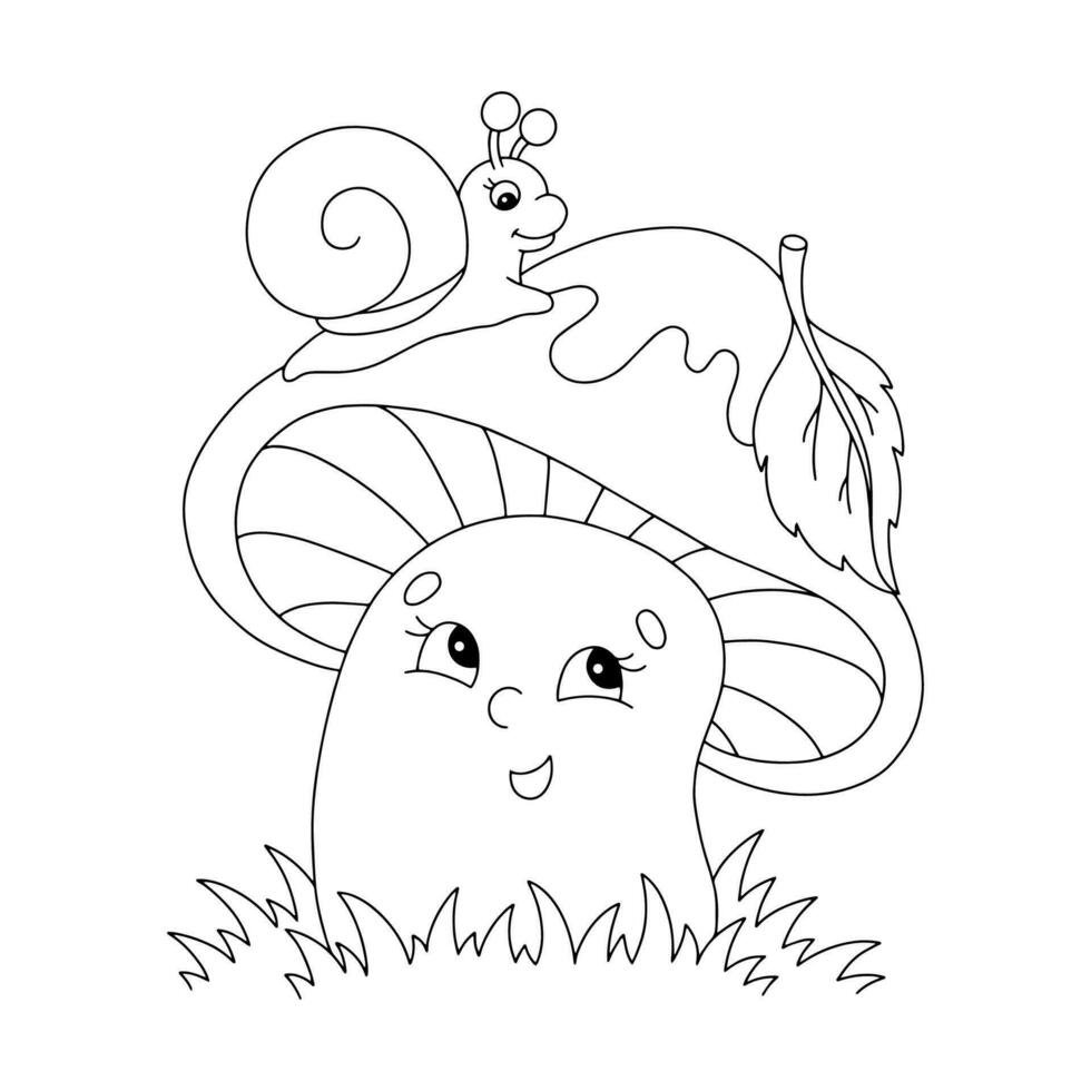 coloration livre page pour enfants. champignon et escargot. dessin animé style personnage. vecteur illustration isolé sur blanc Contexte.
