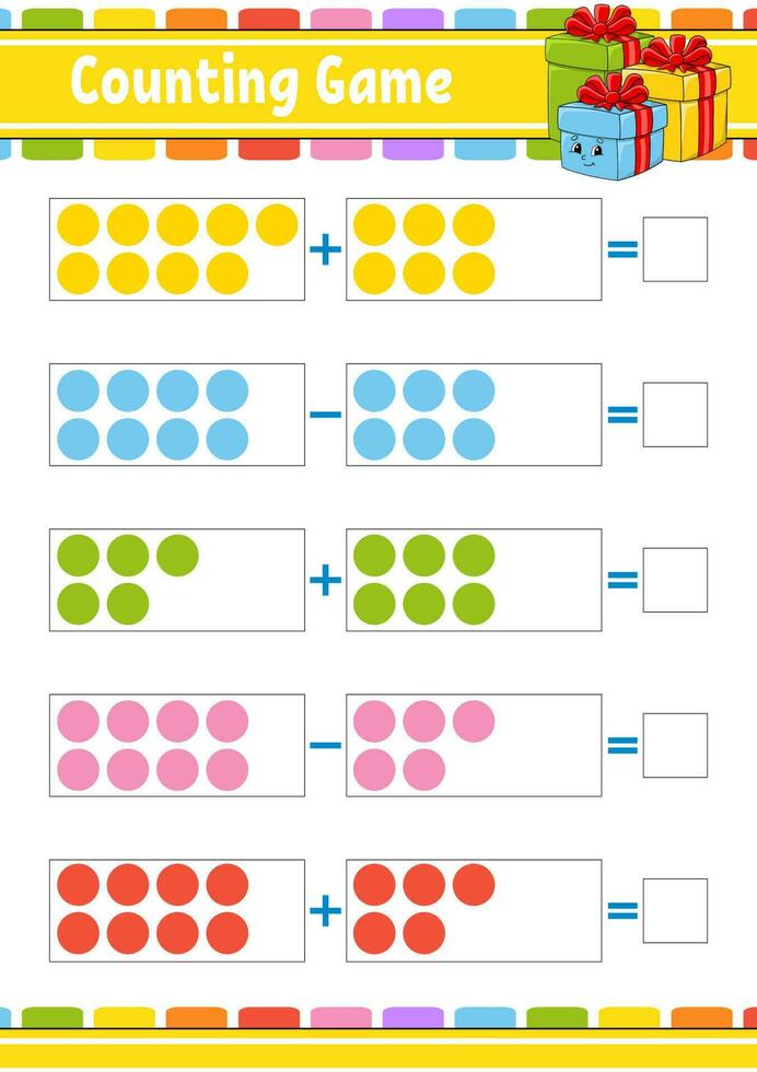 addition et soustraction. tâche pour les enfants. feuille de travail de développement de l'éducation. page de couleur d'activité. jeu pour enfants. thème de noël. illustration vectorielle isolée. style bande dessinée. vecteur