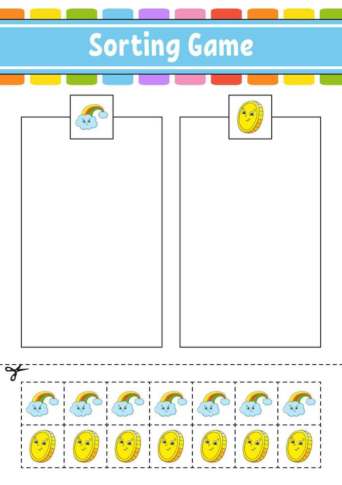 jeu de tri pour les enfants. couper et coller. feuille de travail de développement de l'éducation. jeu d'association pour les enfants. page d'activité en couleur. casse-tête pour les enfants. personnage mignon. illustration vectorielle. vecteur