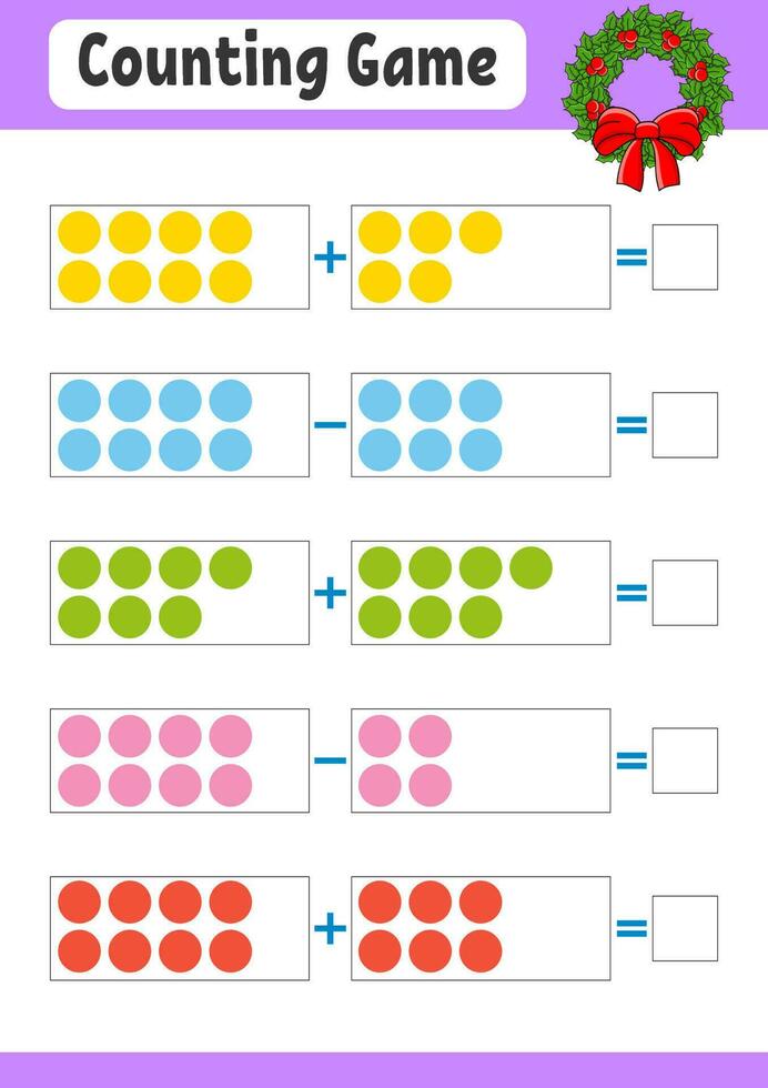 addition et soustraction. tâche pour les enfants. feuille de travail de développement de l'éducation. page de couleur d'activité. jeu pour enfants. thème de noël. illustration vectorielle isolée. style bande dessinée. vecteur