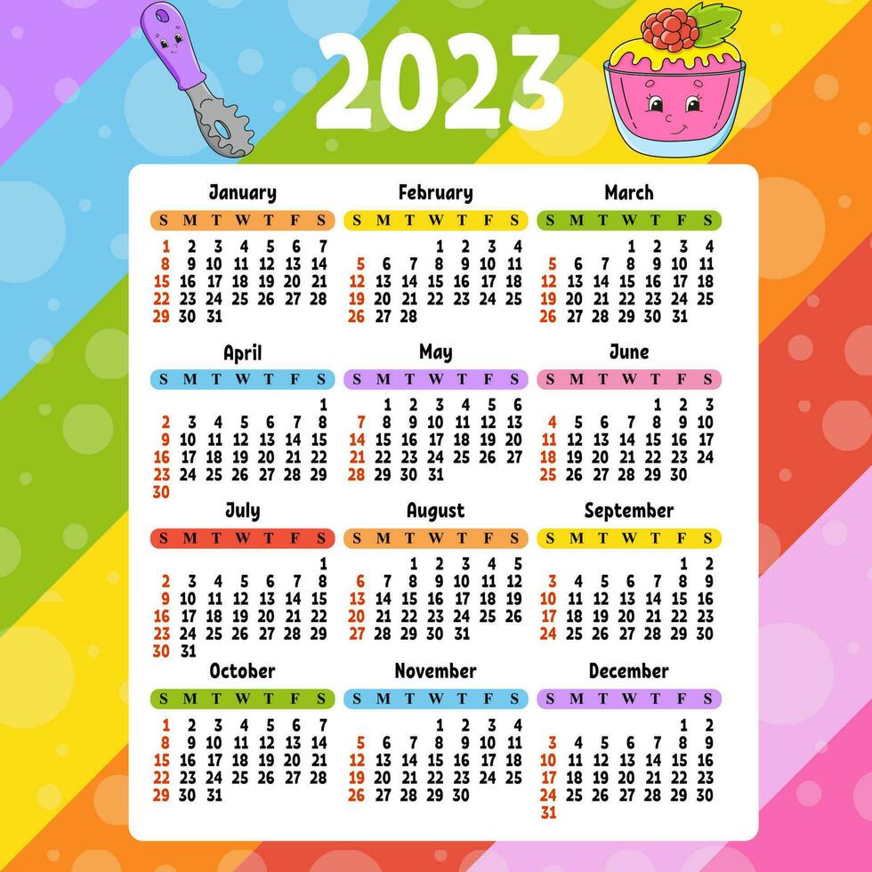 calendrier pour 2023 avec un personnage mignon. design amusant et lumineux. illustration vectorielle de couleur isolée. style bande dessinée. vecteur