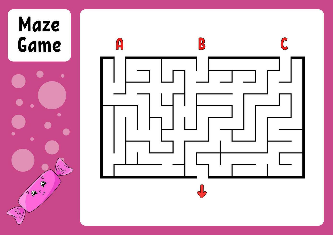 labyrinthe rectangulaire. jeu pour les enfants. trois entrées, une sortie. feuille de travail de l'éducation. casse-tête pour les enfants. énigme du labyrinthe. trouver le bon chemin. personnage de dessin animé. illustration vectorielle. vecteur