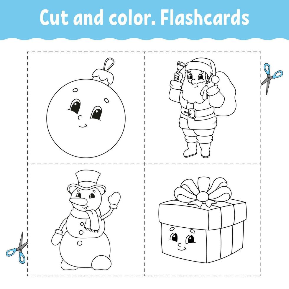 coupe et couleur. jeu de flashcards. livre de coloriage pour les enfants. personnage de dessin animé mignon. silhouette de contour noir. thème de noël. isolé sur fond blanc. vecteur