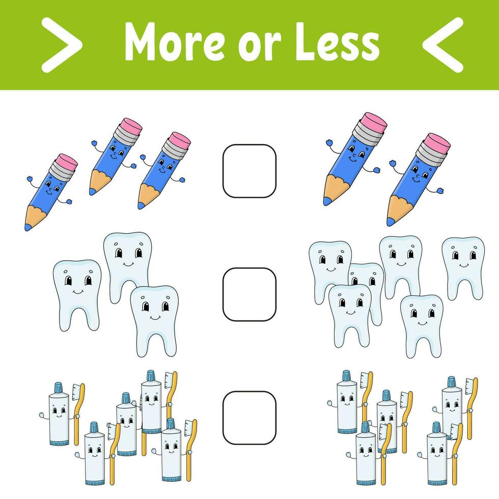 plus ou moins. feuille de travail d'activité éducative pour les enfants et les tout-petits. thème de l'hygiène. illustration vectorielle de couleur isolée dans un style de dessin animé mignon. vecteur