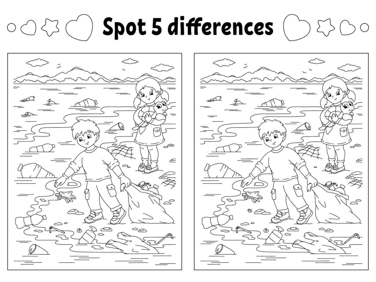 trouver cinq différences. page de coloriage pour les enfants. feuille de travail d'activité pour les enfants. illustration vectorielle isolée sur fond blanc. vecteur