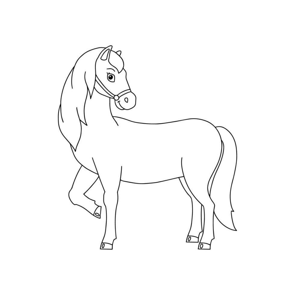 mignonne cheval. ferme animal. coloration livre page pour enfants. dessin animé style personnage. vecteur illustration isolé sur blanc Contexte.