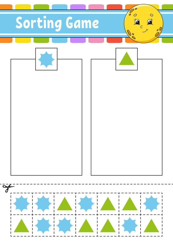 jeu de tri. formes et couleurs. couper et coller. feuille de travail de développement de l'éducation. jeu pour les enfants. page d'activité en couleur. casse-tête pour les enfants. personnage mignon. illustration vectorielle. style bande dessinée. vecteur