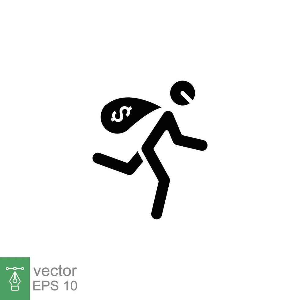 vol icône. Facile solide style. homme avec sac de argent, banque vol, voleur, voleur, volé, la criminalité concept. noir silhouette, glyphe symbole. vecteur illustration isolé sur blanc Contexte. eps dix.