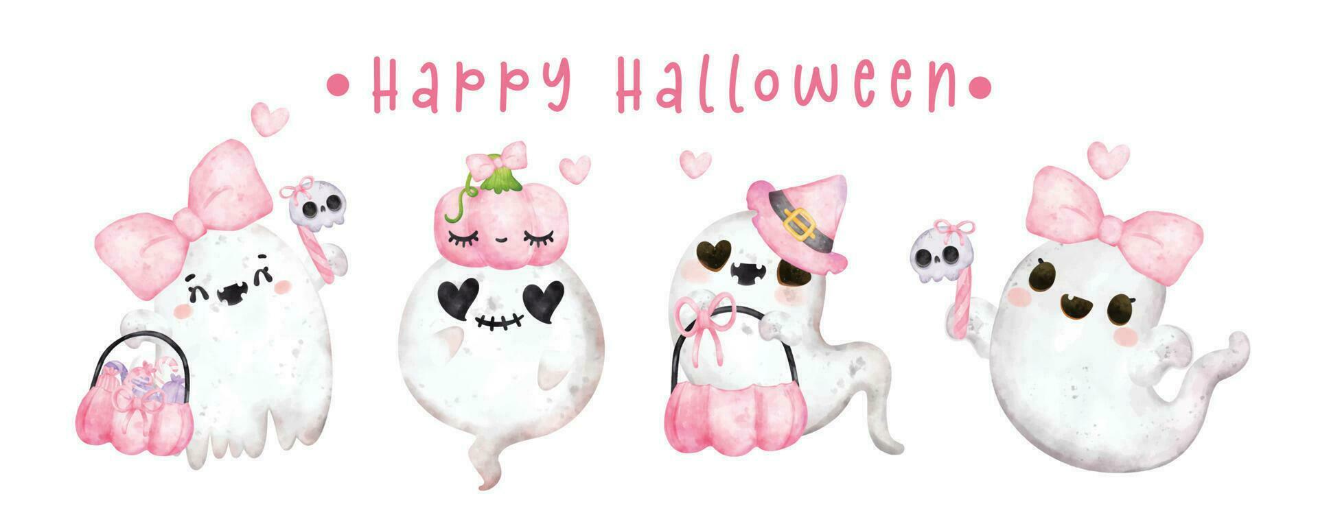 groupe de mignonne content sourire kawaii fantôme rose halloween , content Halloween, dessin animé personnage aquarelle main peint vecteur bannière