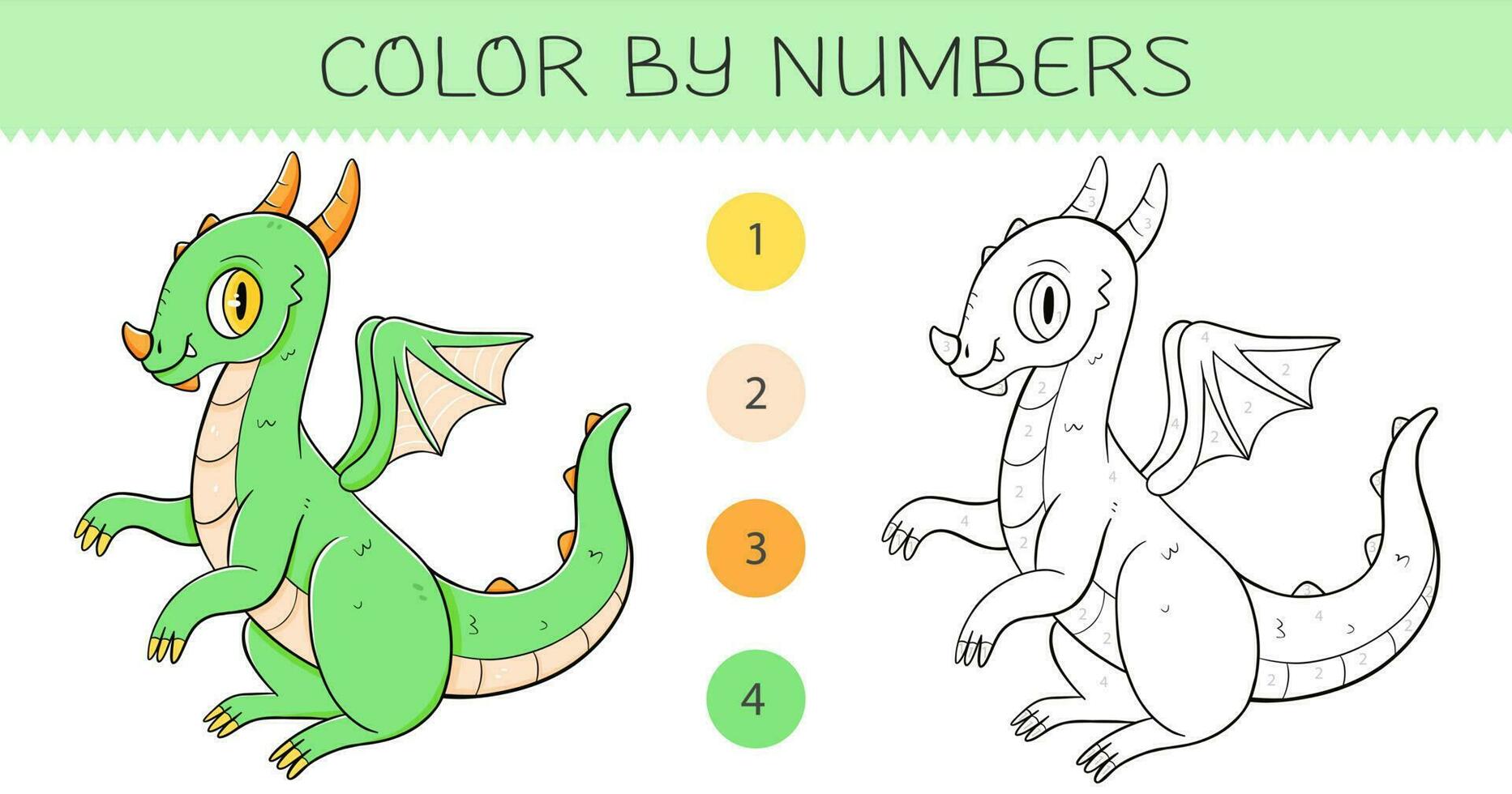 Couleur par Nombres coloration livre pour des gamins avec mignonne dragon. coloration page avec dessin animé dragon avec un exemple pour coloration. monochrome et Couleur versions. vecteur illustration.