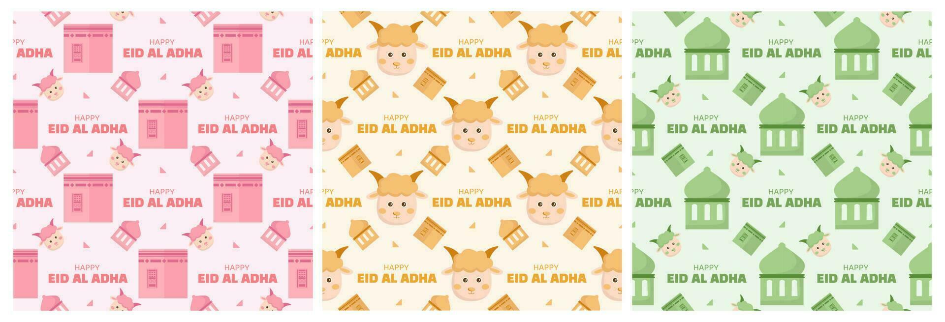ensemble de content eid Al adha mubarak sans couture modèle de les musulmans fête avec sacrificiel animaux dans modèle main tiré dessin animé plat illustration vecteur