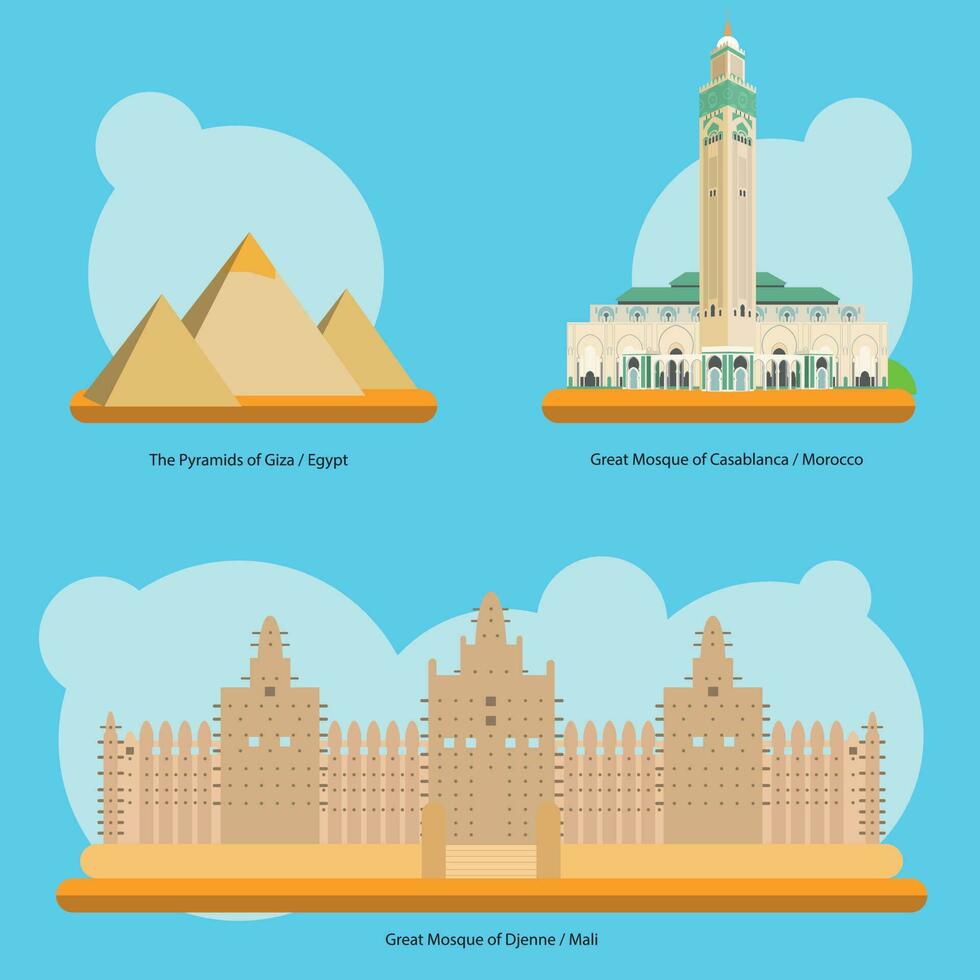 vecteur illustration de les monuments et Repères dans Afrique vol. 1. le pyramides de gizeh - Egypte, génial mosquée de casablanca - Maroc et génial mosquée de djenné - mali