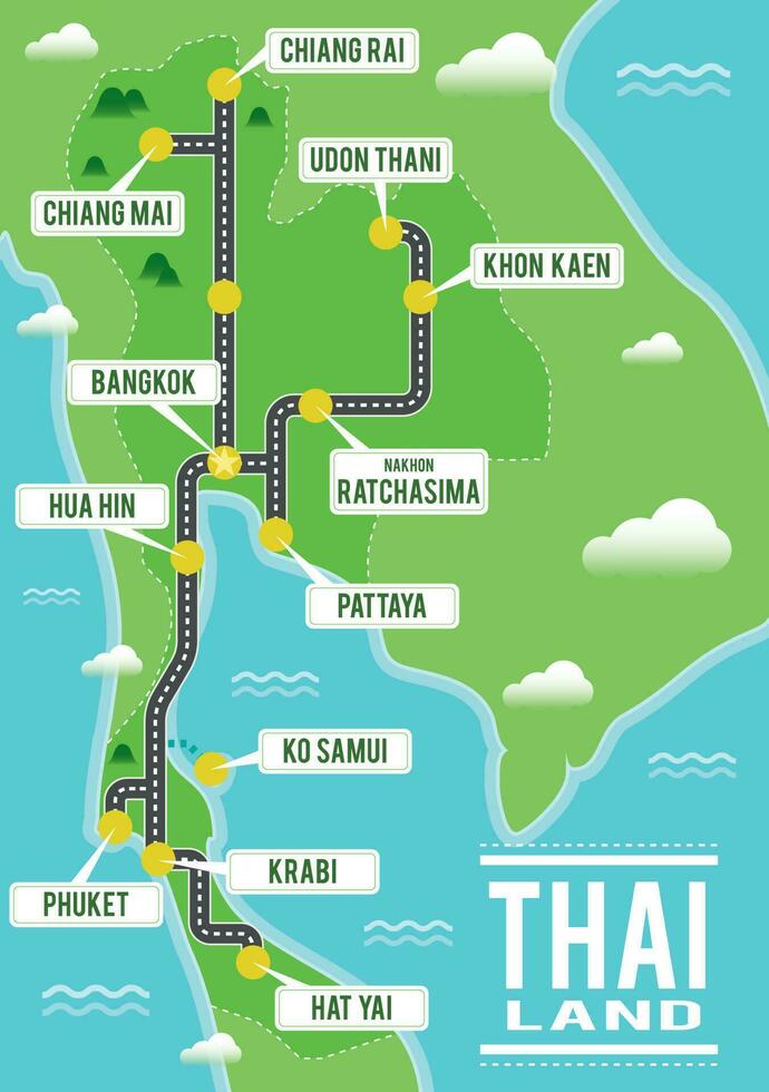 dessin animé vecteur carte de Thaïlande. Voyage illustration avec thaïlandais principale villes.