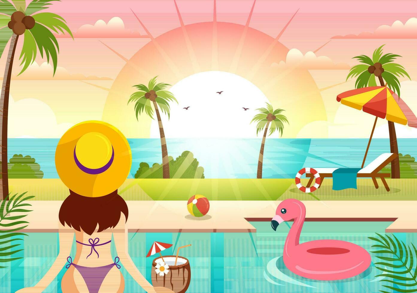 nager bassin vecteur illustration avec été vacances paysage concept et nager été activité dans plat dessin animé main tiré Contexte modèles