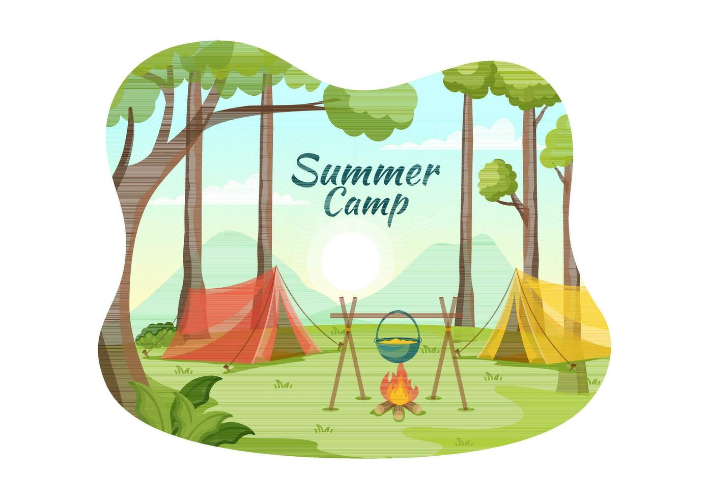 été camp vecteur illustration de camping et en voyageant sur vacances avec équipement tel comme tente, sac à dos et autres dans plat dessin animé modèles
