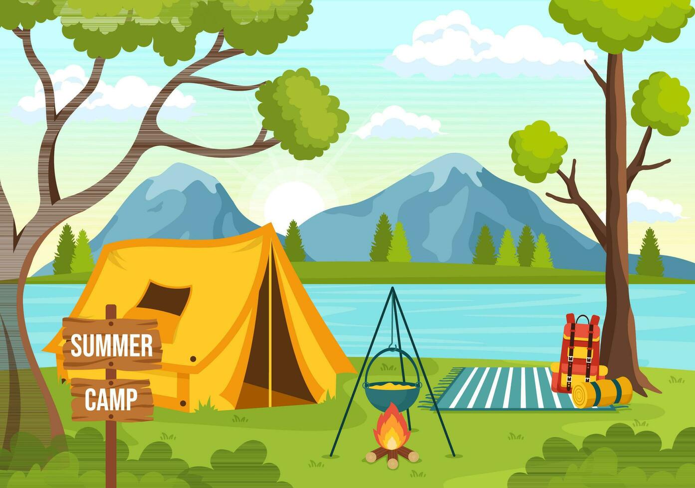 été camp vecteur illustration de camping et en voyageant sur vacances avec équipement tel comme tente, sac à dos et autres dans plat dessin animé modèles