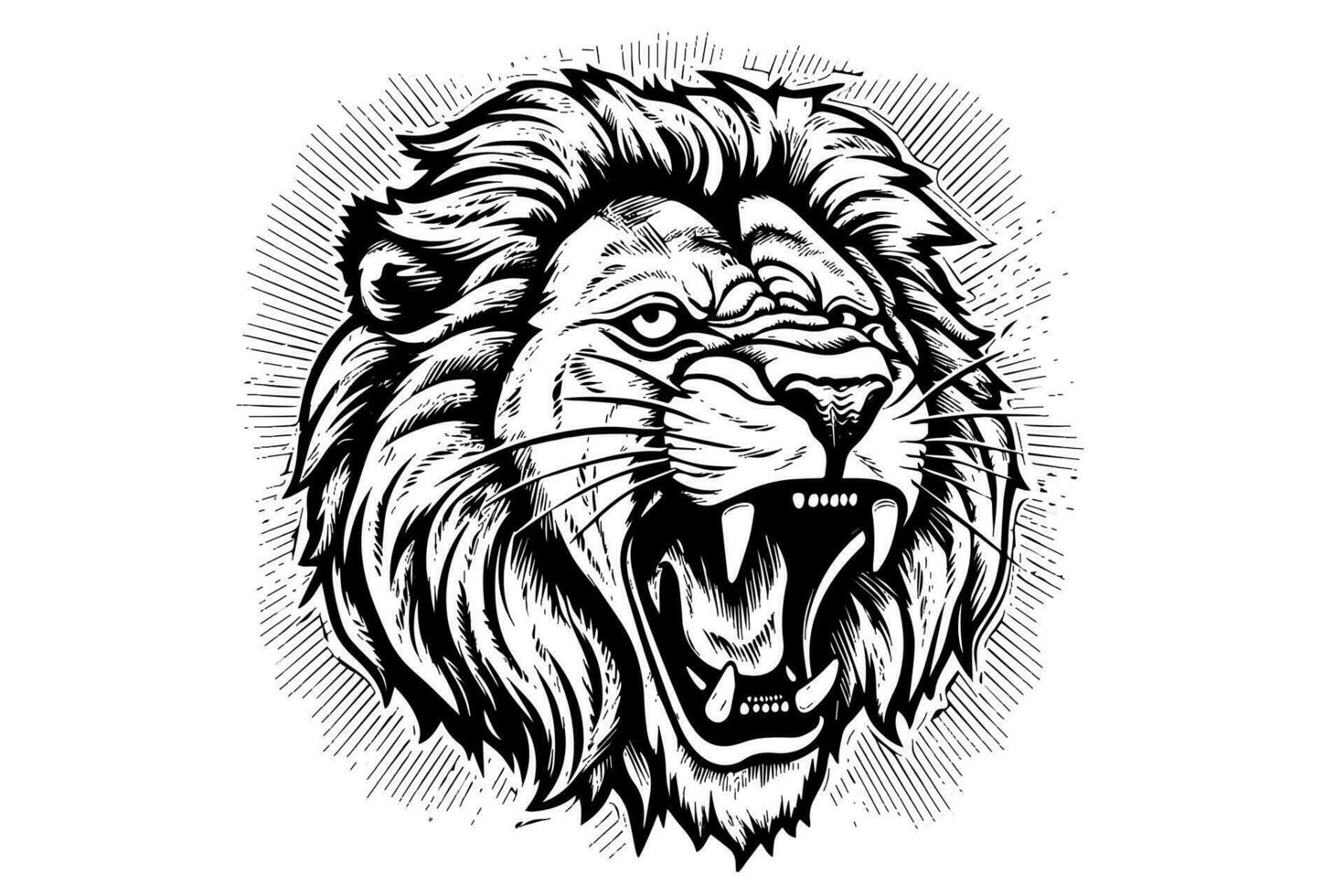 Lion grognement tête portrait esquisser main tiré gravure style vecteur illustration