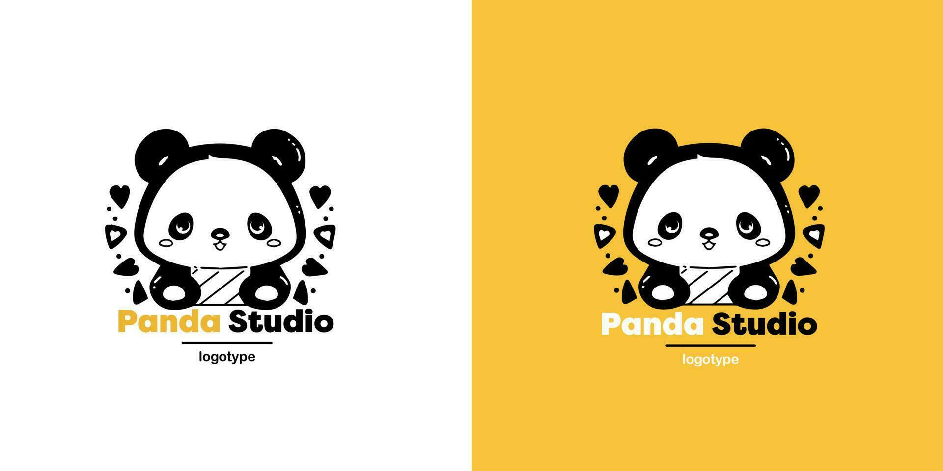 Panda vecteur logo illustration sur Jaune et blanc Contexte. panda tête logotype. mignonne animal visage signe conception modèle