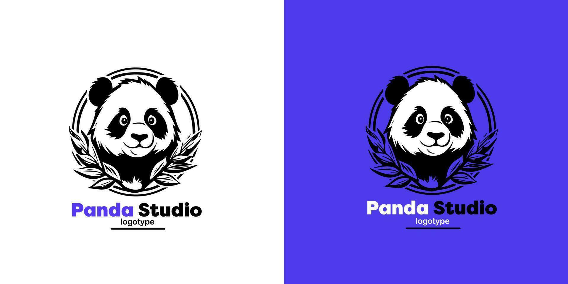 Panda vecteur logo illustration sur bleu et blanc Contexte. panda tête logotype. mignonne animal visage signe conception modèle