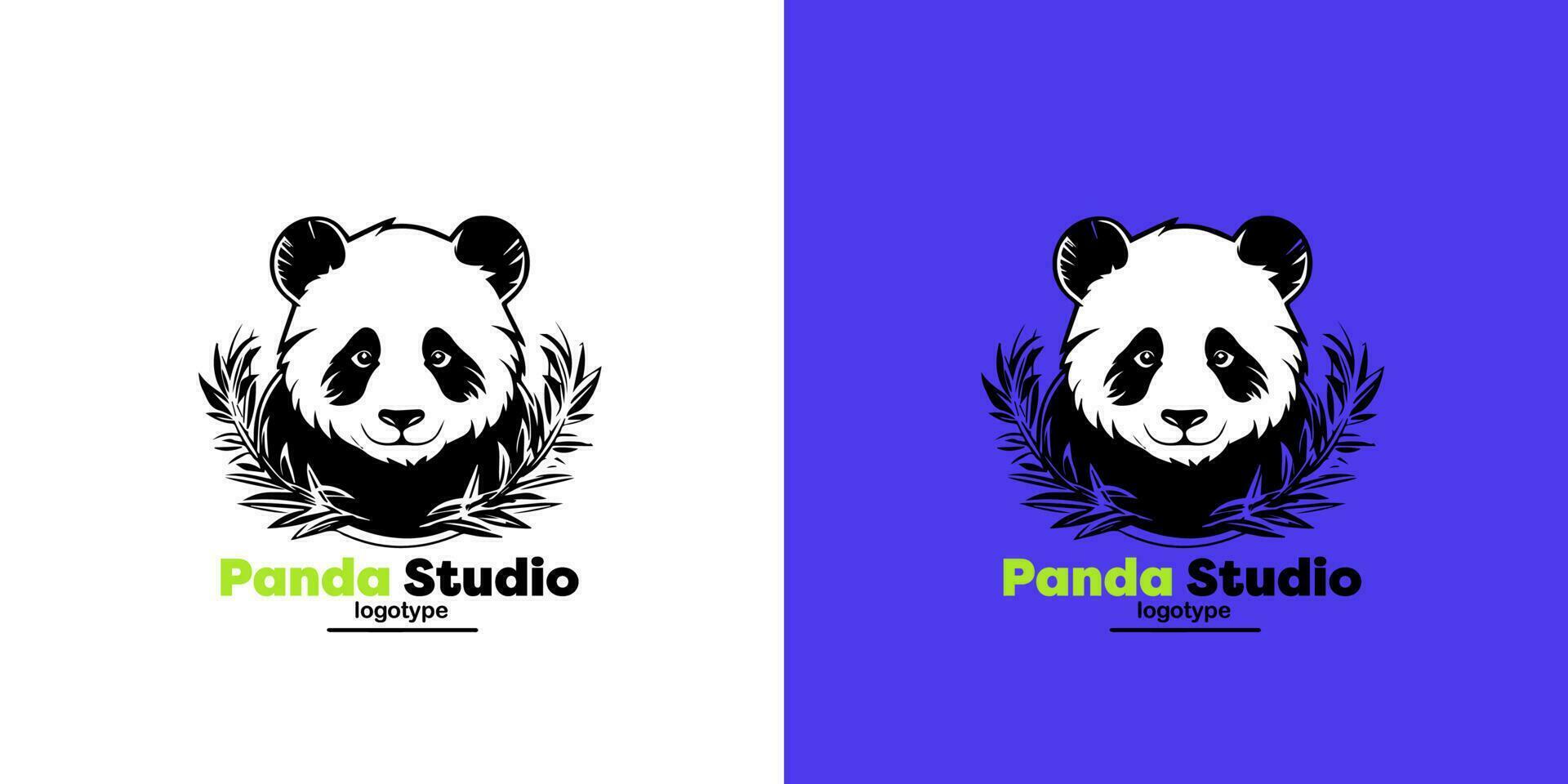 Panda vecteur logo illustration sur bleu et blanc Contexte. panda tête logotype. mignonne animal visage signe conception modèle