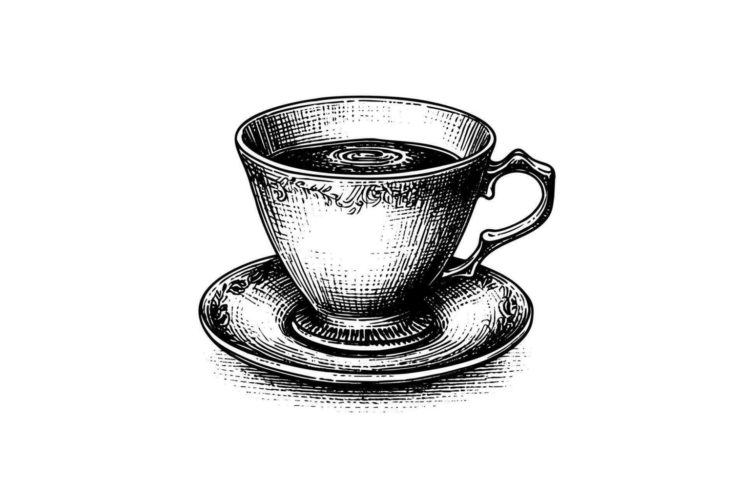 une tasse de café sur une soucoupe avec une cuillère. . main tiré vecteur gravure style illustrations.