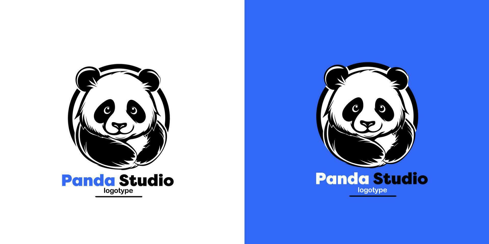 Panda vecteur logo illustration sur bleu et blanc Contexte. panda tête logotype. mignonne animal visage signe conception modèle