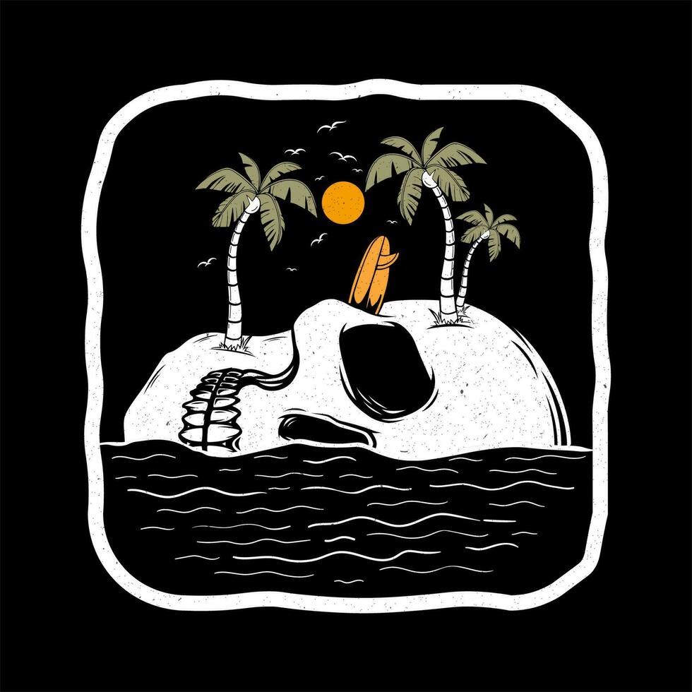 vecteur illustration le surf à thème crâne, tropical crâne avec noix de coco arbre