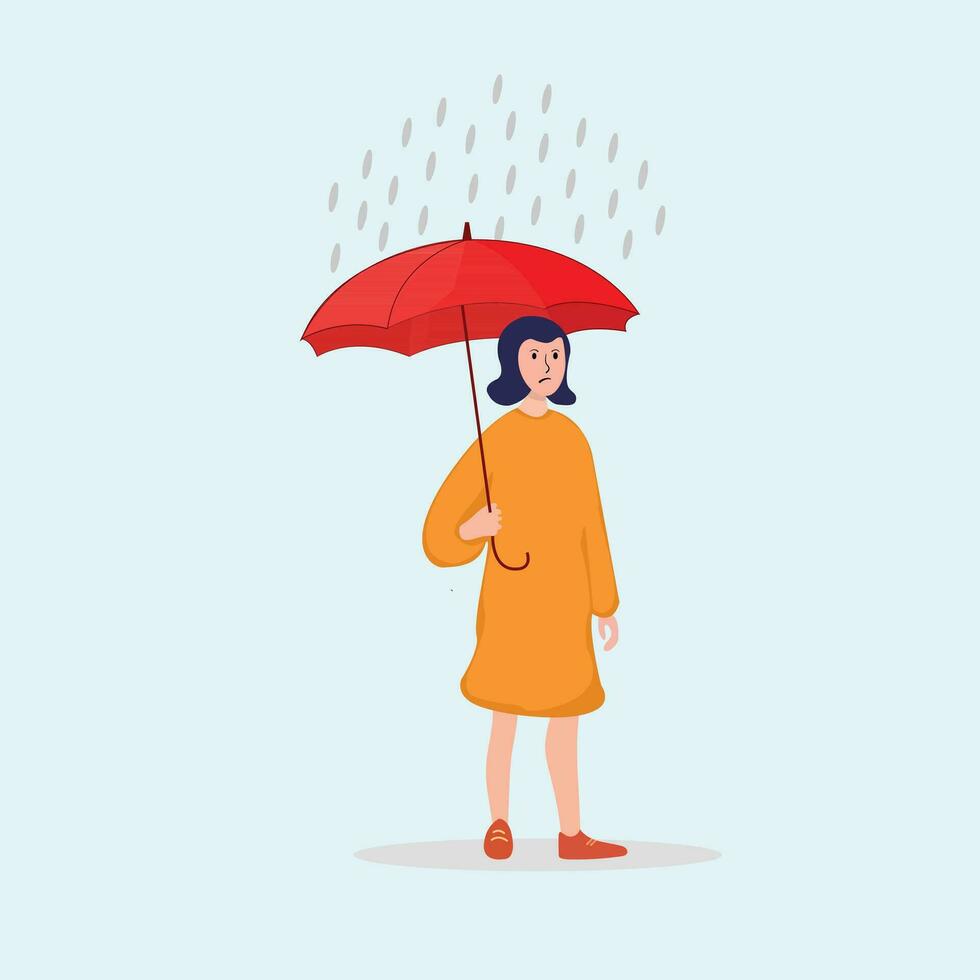 femmes personnage avec parapluie dans pluie temps vecteur
