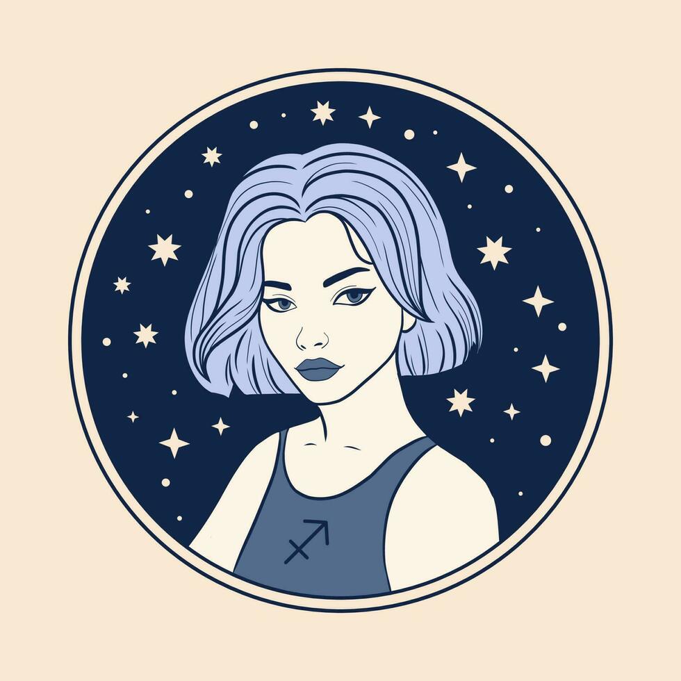 Sagittaire femme zodiaque signe, magnifique fille affronter, horoscope symbole vecteur