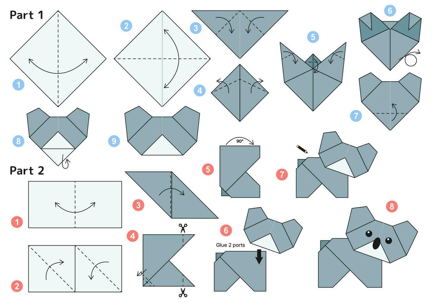 modèle mobile de didacticiel de schéma d'origami koala. origami pour les enfants. étape par étape comment faire un joli koala en origami. illustration vectorielle. vecteur