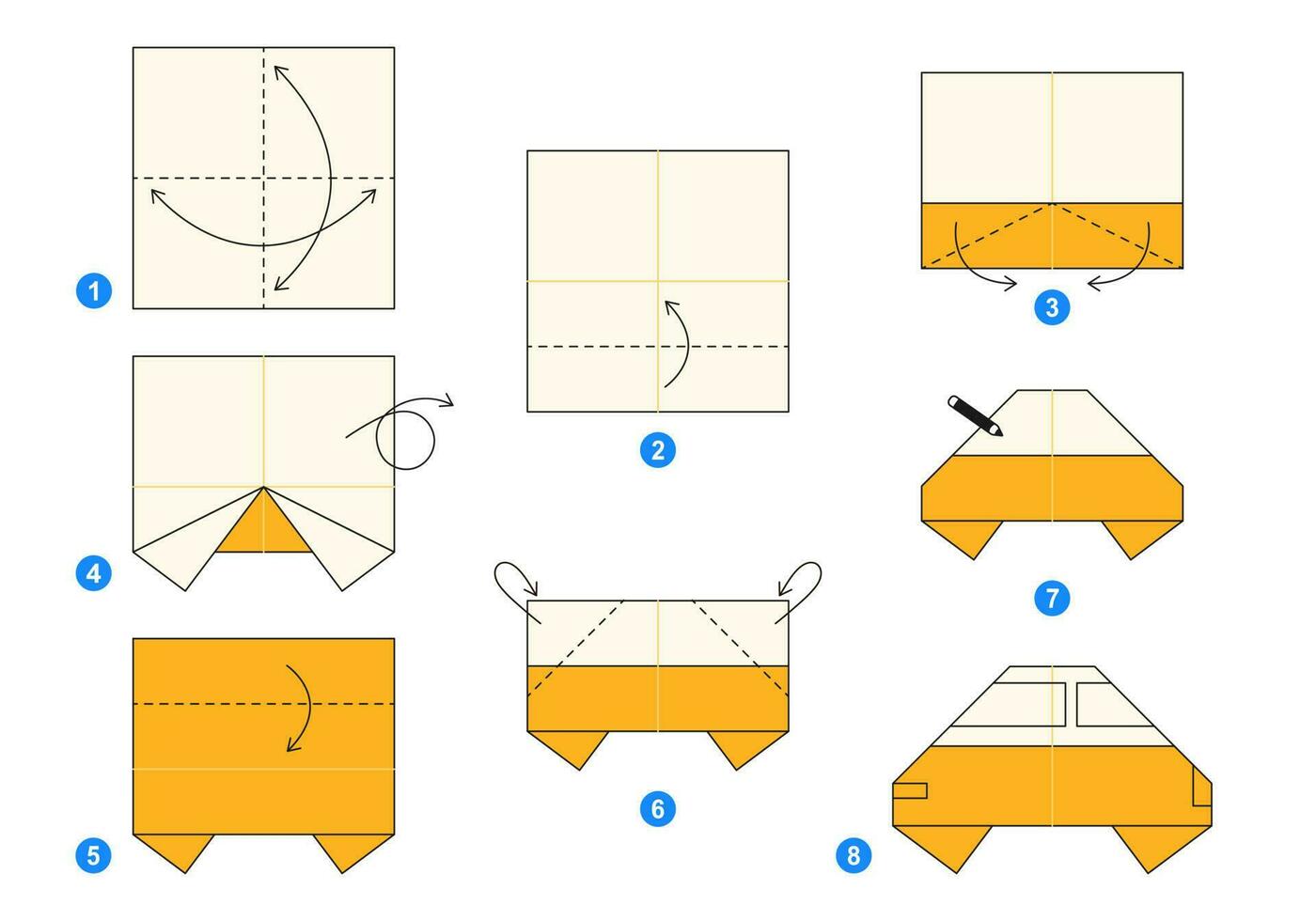 Taxi origami schème Didacticiel en mouvement modèle. origami pour enfants. étape par étape Comment à faire une mignonne origami auto. vecteur illustration.