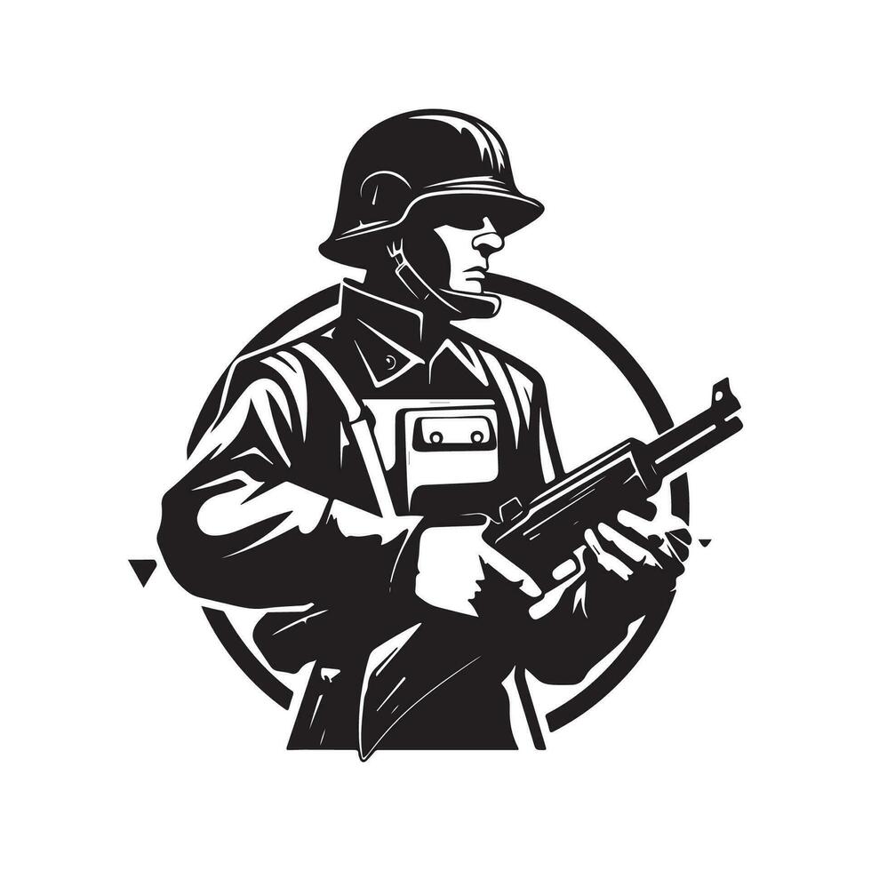 acier soldat, ancien logo ligne art concept noir et blanc couleur, main tiré illustration vecteur