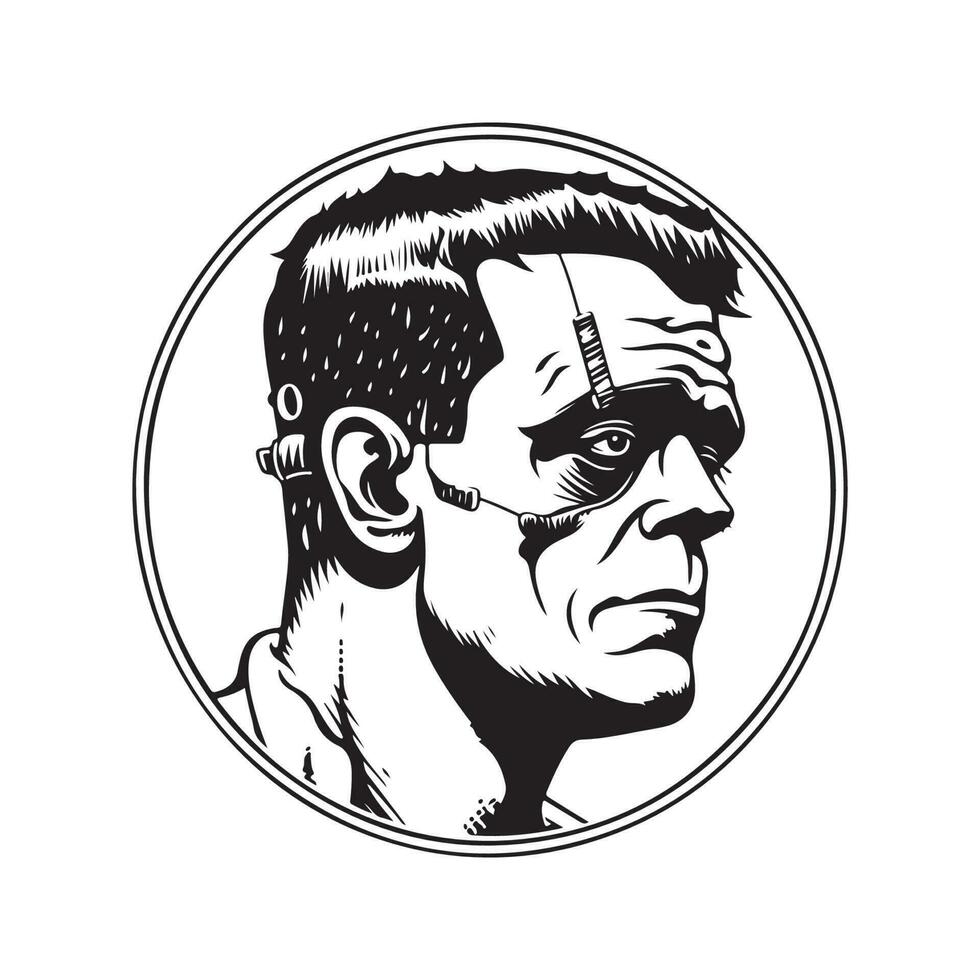 Frankenstein, ancien logo ligne art concept noir et blanc couleur, main tiré illustration vecteur