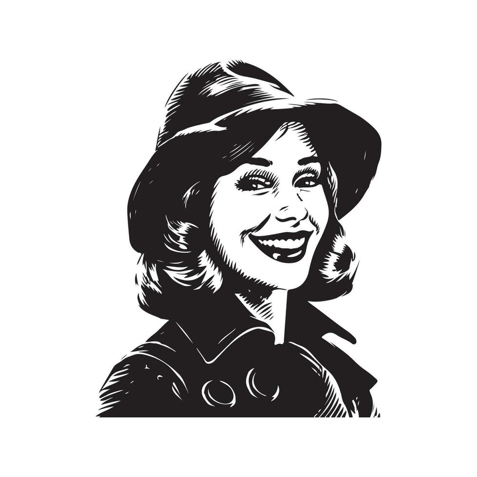content fille portant manteau et béret, ancien logo ligne art concept noir et blanc couleur, main tiré illustration vecteur