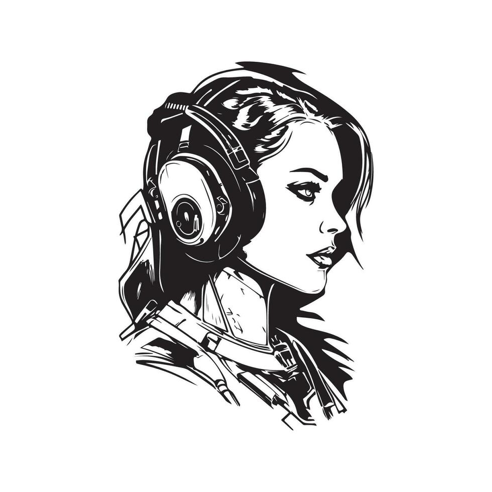 science fiction cyborg femme, ancien logo ligne art concept noir et blanc couleur, main tiré illustration vecteur