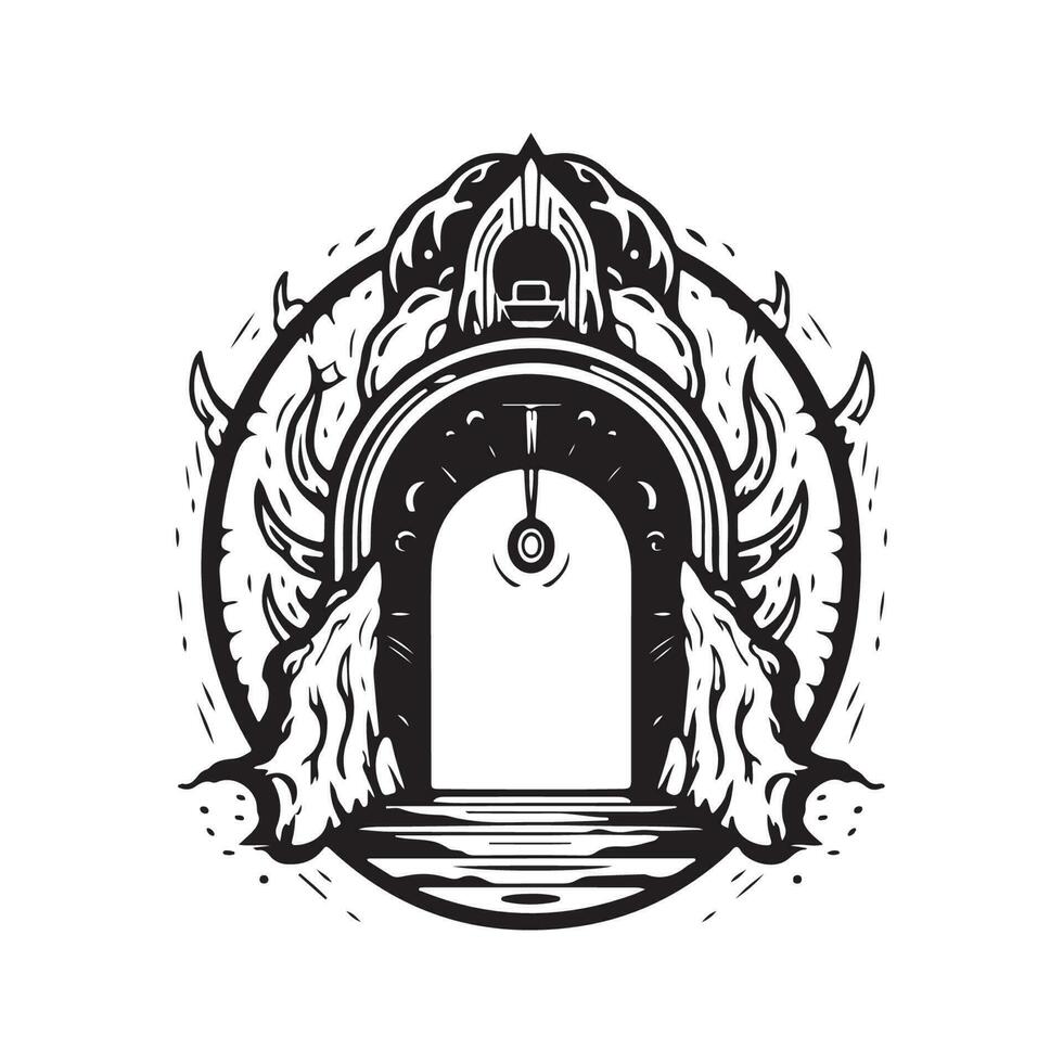 la magie portail, ancien logo ligne art concept noir et blanc couleur, main tiré illustration vecteur