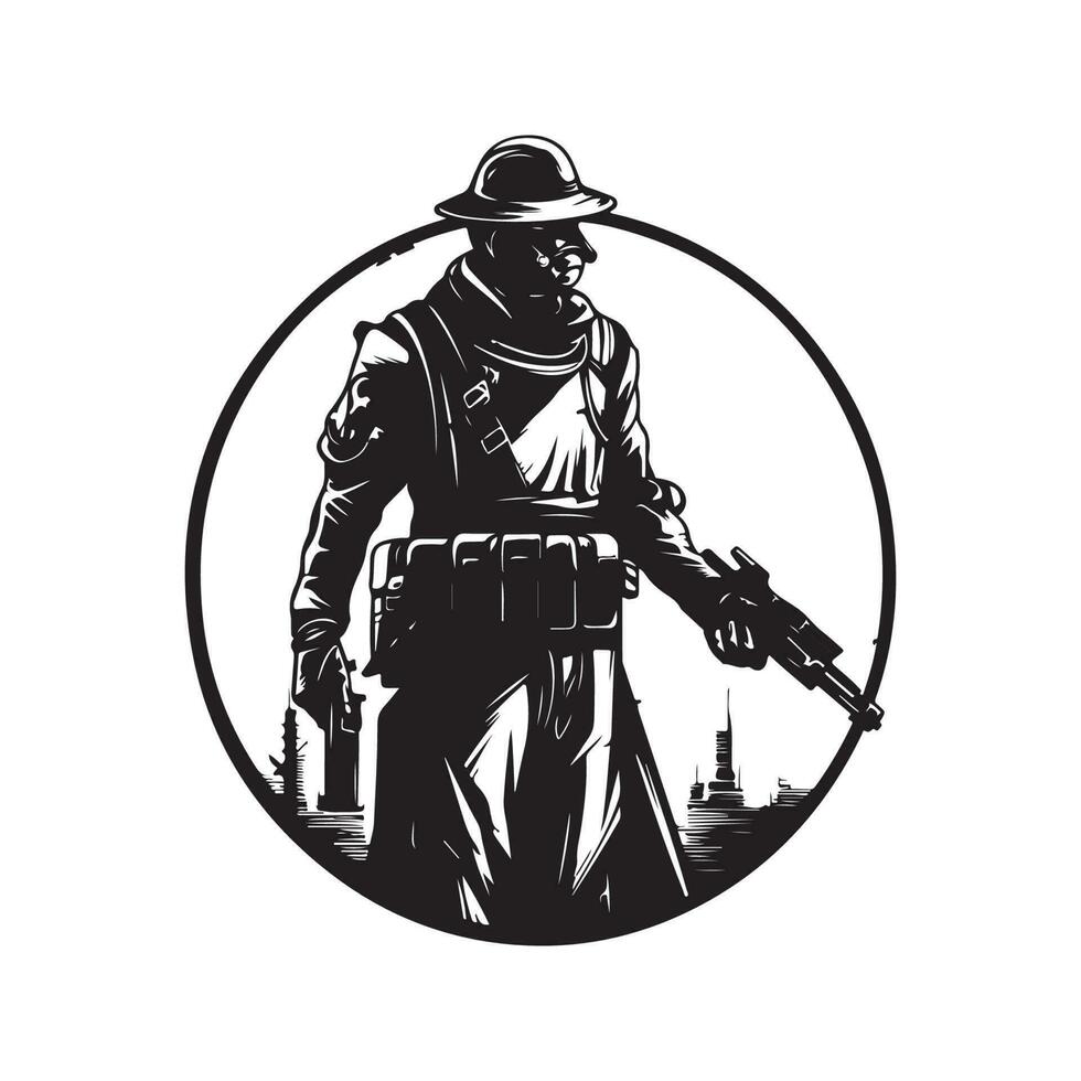 héroïque militaire science fiction, ancien logo ligne art concept noir et blanc couleur, main tiré illustration vecteur