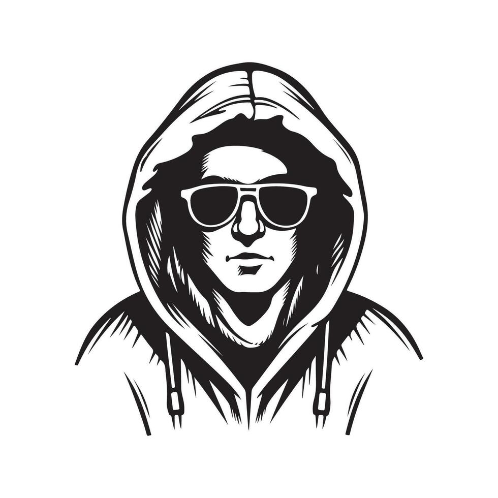 homme dans capuche et cyber lunettes, ancien logo ligne art concept noir et blanc couleur, main tiré illustration vecteur
