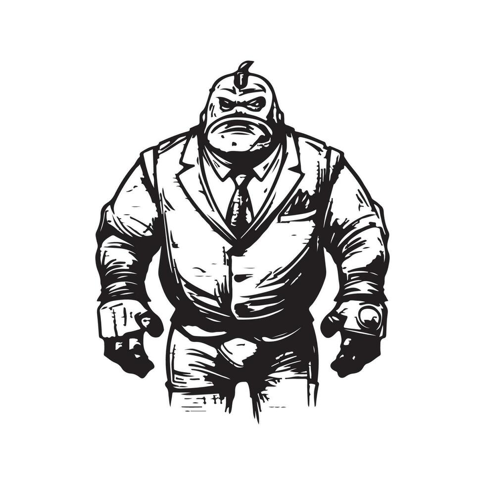 Golem portant costume, ancien logo ligne art concept noir et blanc couleur, main tiré illustration vecteur