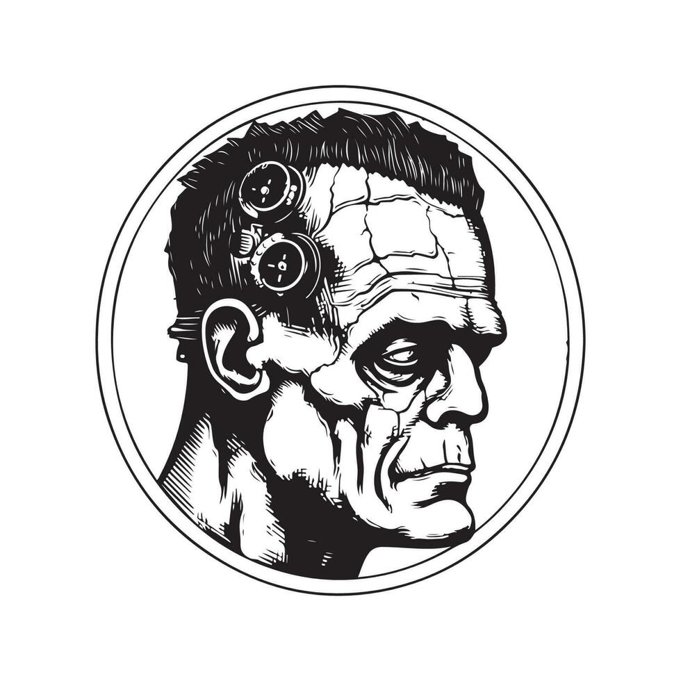Frankenstein, ancien logo ligne art concept noir et blanc couleur, main tiré illustration vecteur