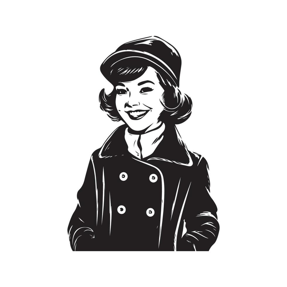 content fille portant manteau et béret, ancien logo ligne art concept noir et blanc couleur, main tiré illustration vecteur