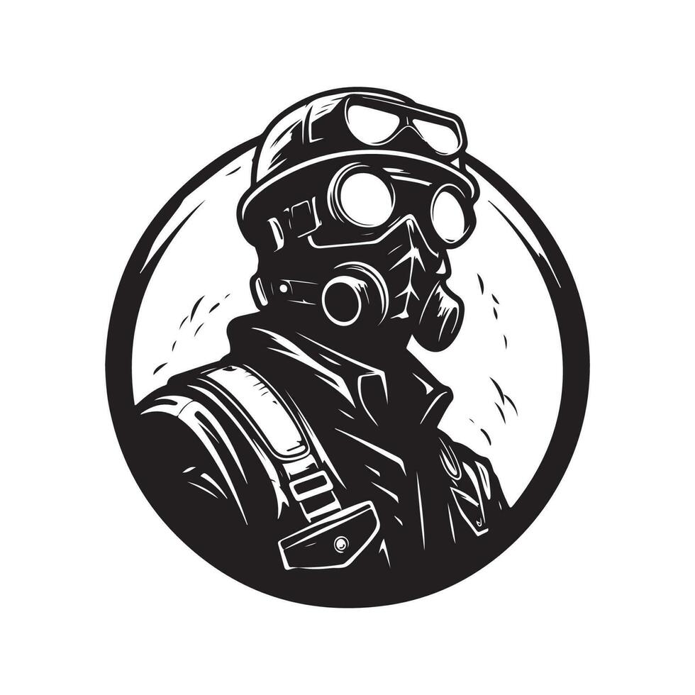 futur soldat, ancien logo ligne art concept noir et blanc couleur, main tiré illustration vecteur