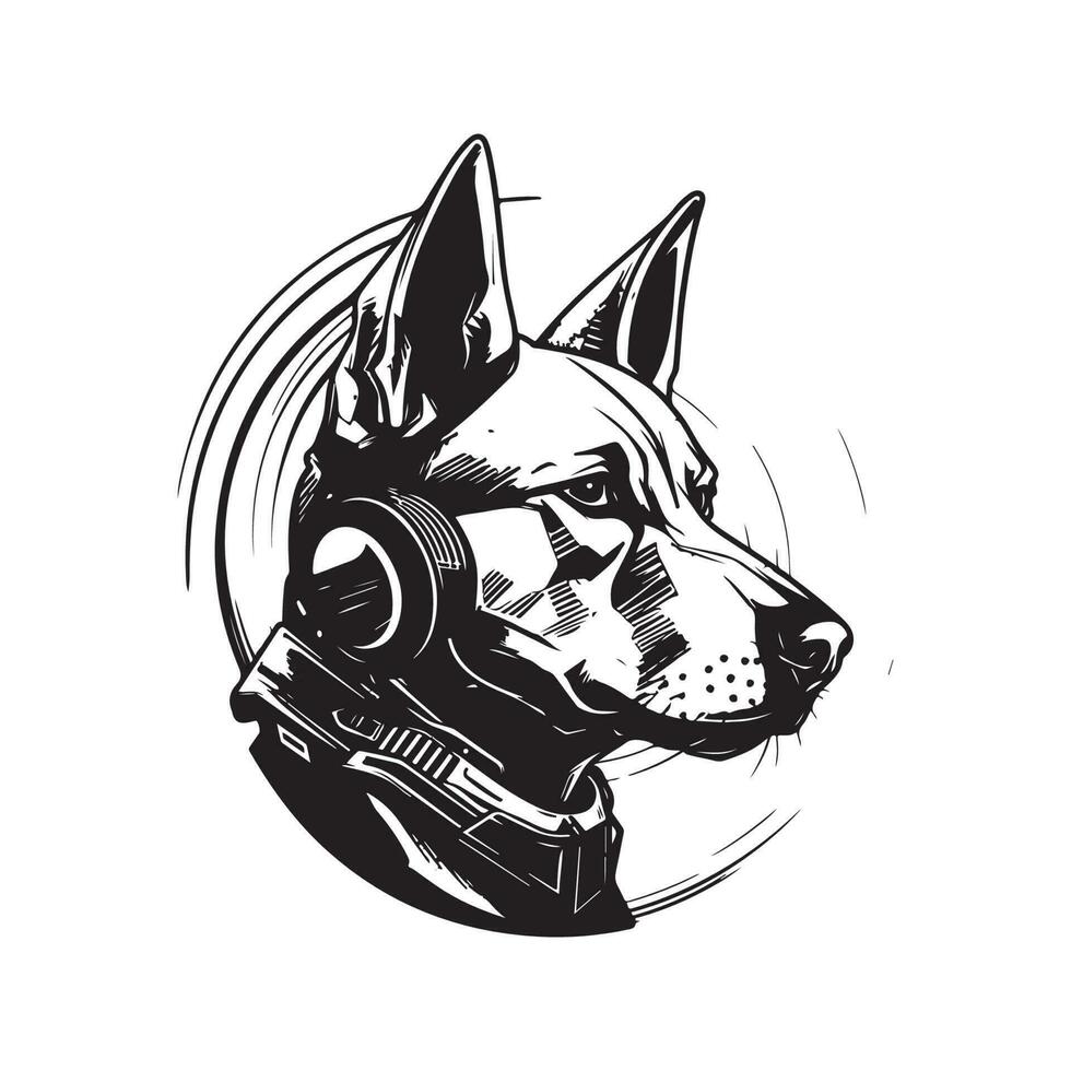 futuriste chien soldat, ancien logo ligne art concept noir et blanc couleur, main tiré illustration vecteur